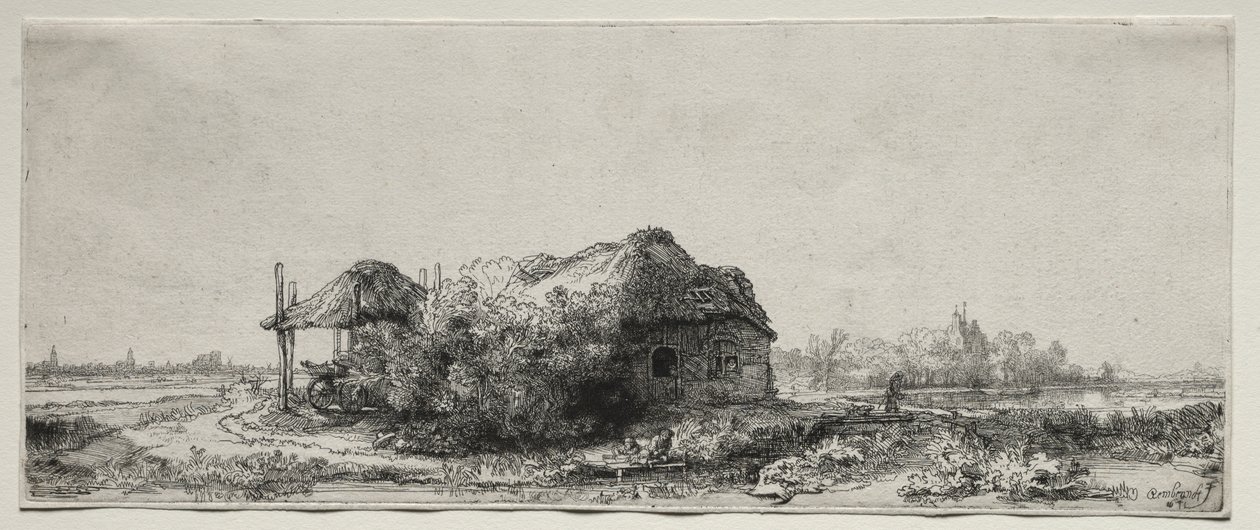 Bir Kulübe ve Saman Ahırı ile Manzara: Dikdörtgen by Rembrandt van Rijn
