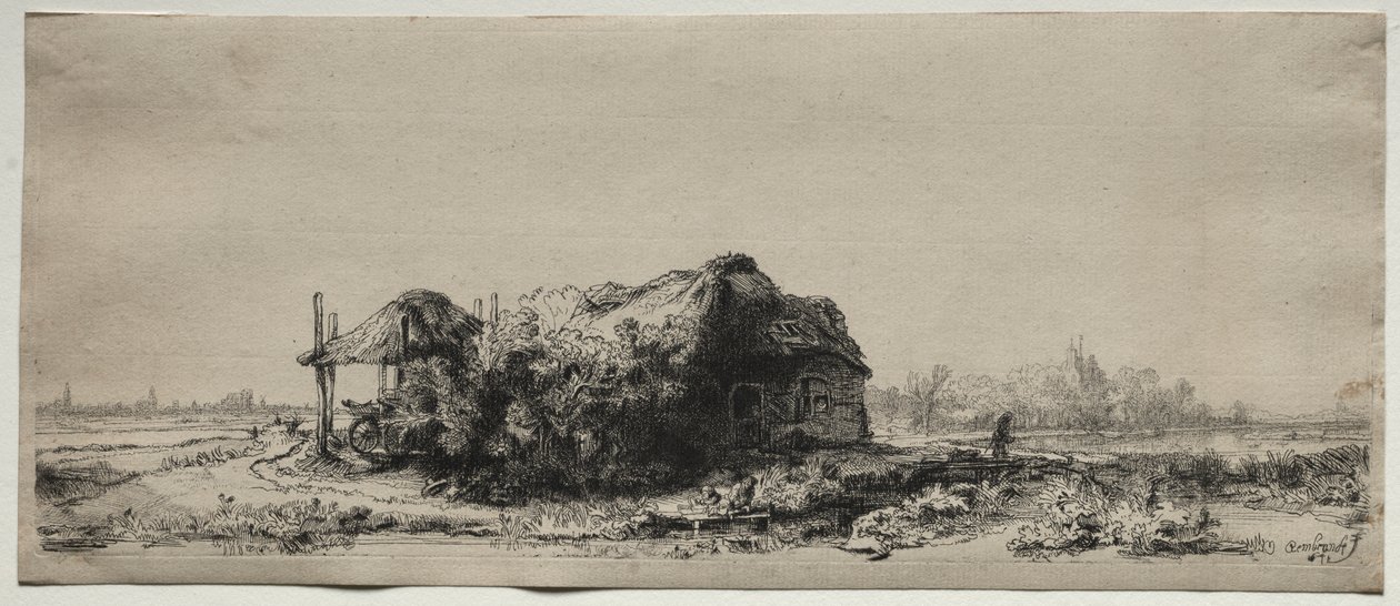 Bir Kulübe ve Saman Ahırı ile Manzara: Dikdörtgen by Rembrandt van Rijn