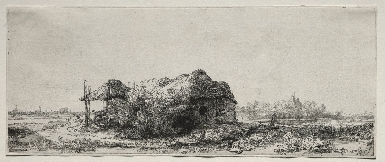 Bir Kulübe ve Saman Ahırı ile Manzara: Oblong, 1641. by Rembrandt van Rijn