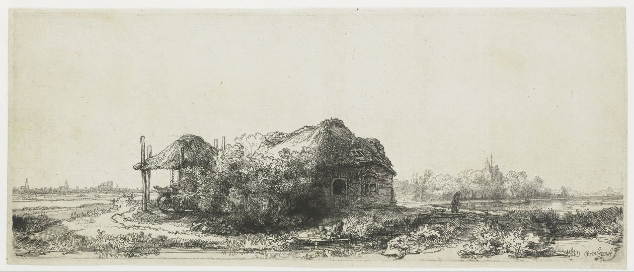 Kulübe ve Saman Ahırı ile Manzara Kulübeler ve saman ahırı ile manzara: dikdörtgen by Rembrandt van Rijn