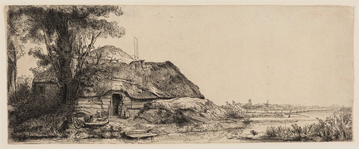 Bir Kulübe ve Büyük Bir Ağaç ile Manzara by Rembrandt van Rijn