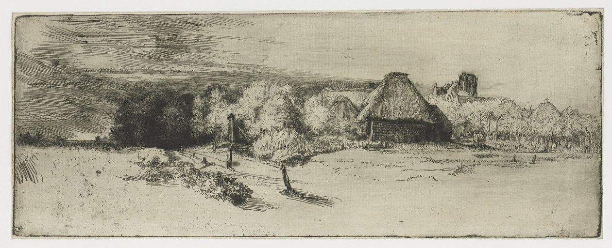 Çiftlik Binası ve Kuleli Ev ile Peyzaj Çiftlik binası ve 'kuleli ev' ile manzara by Rembrandt van Rijn