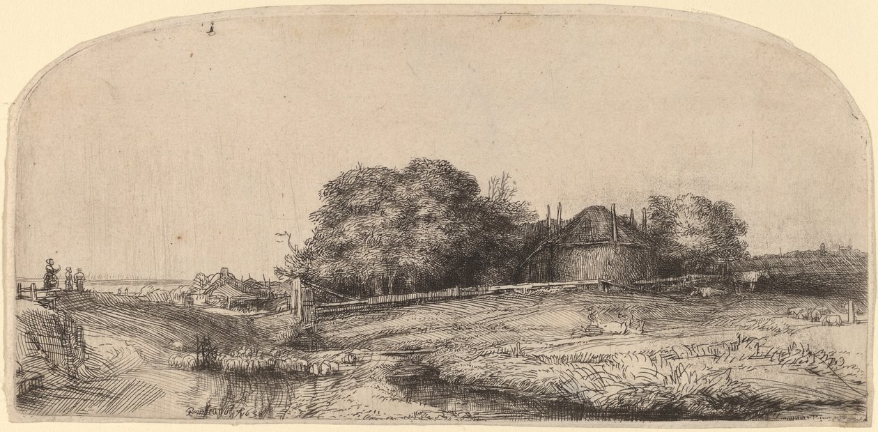 Saman Ahırı ve Koyun Sürüsü ile Manzara by Rembrandt van Rijn