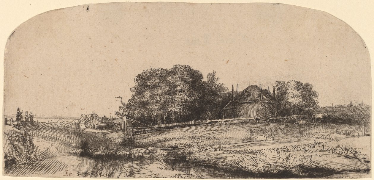 Saman Ahırı ve Koyun Sürüsü ile Manzara by Rembrandt van Rijn