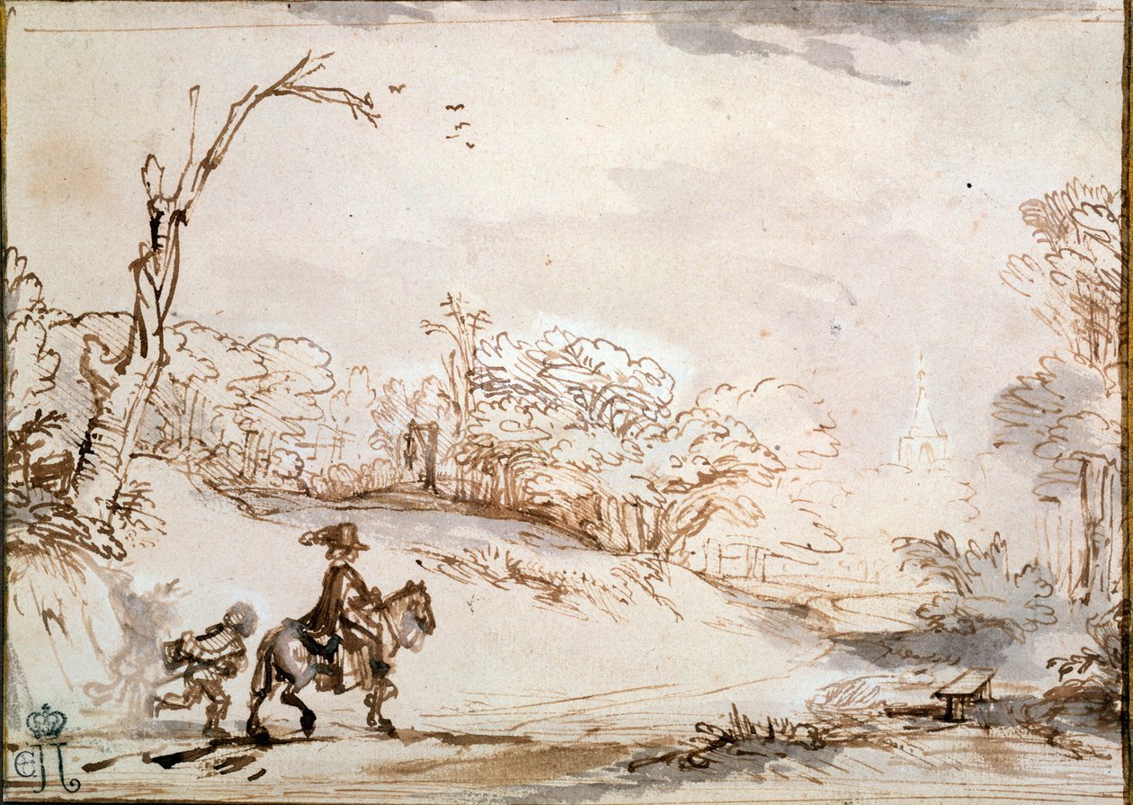 Bir Süvari ile Manzara, 1648-1650. by Rembrandt van Rijn
