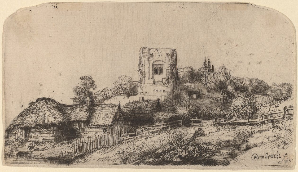Kare Kule ile Manzara by Rembrandt van Rijn