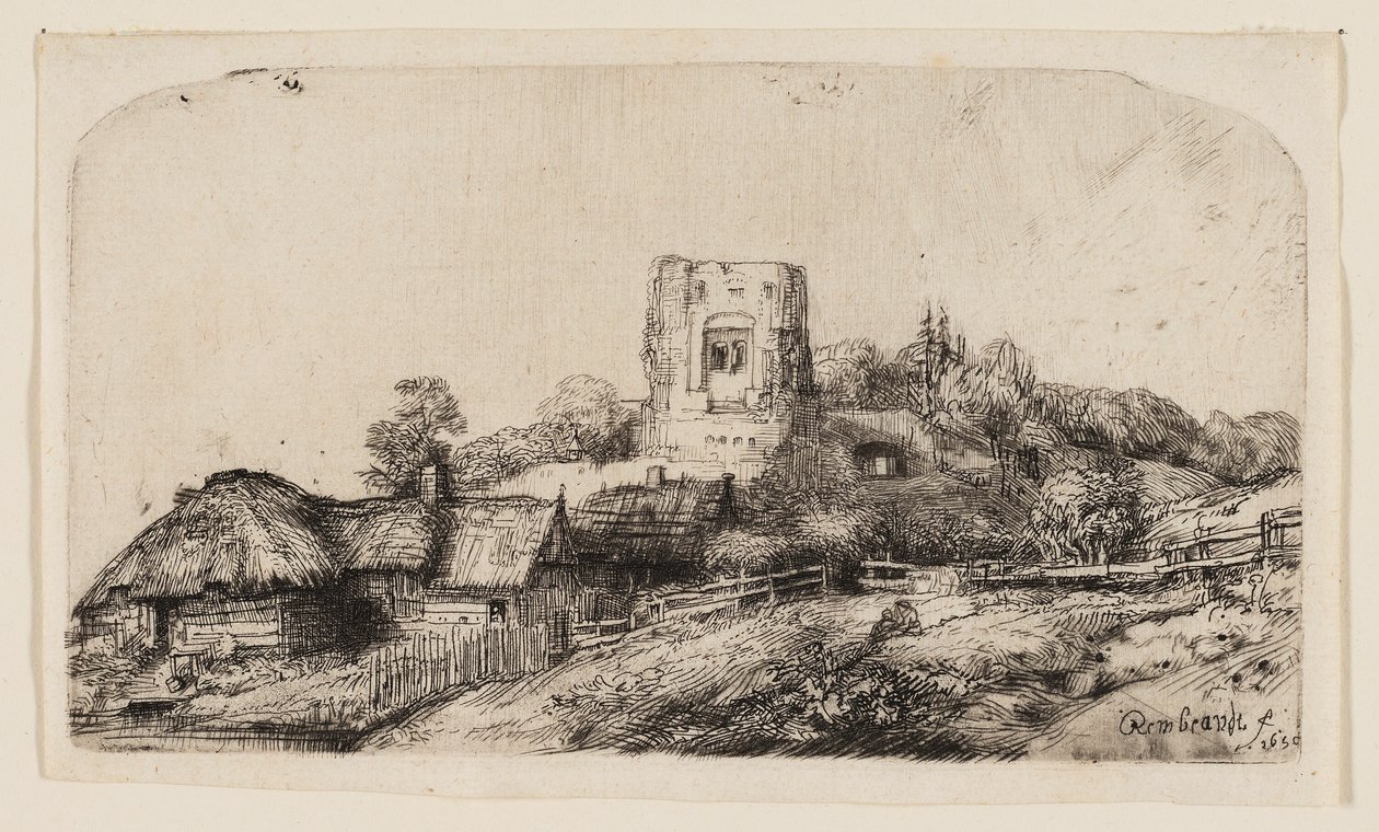 Kare Kule ile Manzara by Rembrandt van Rijn