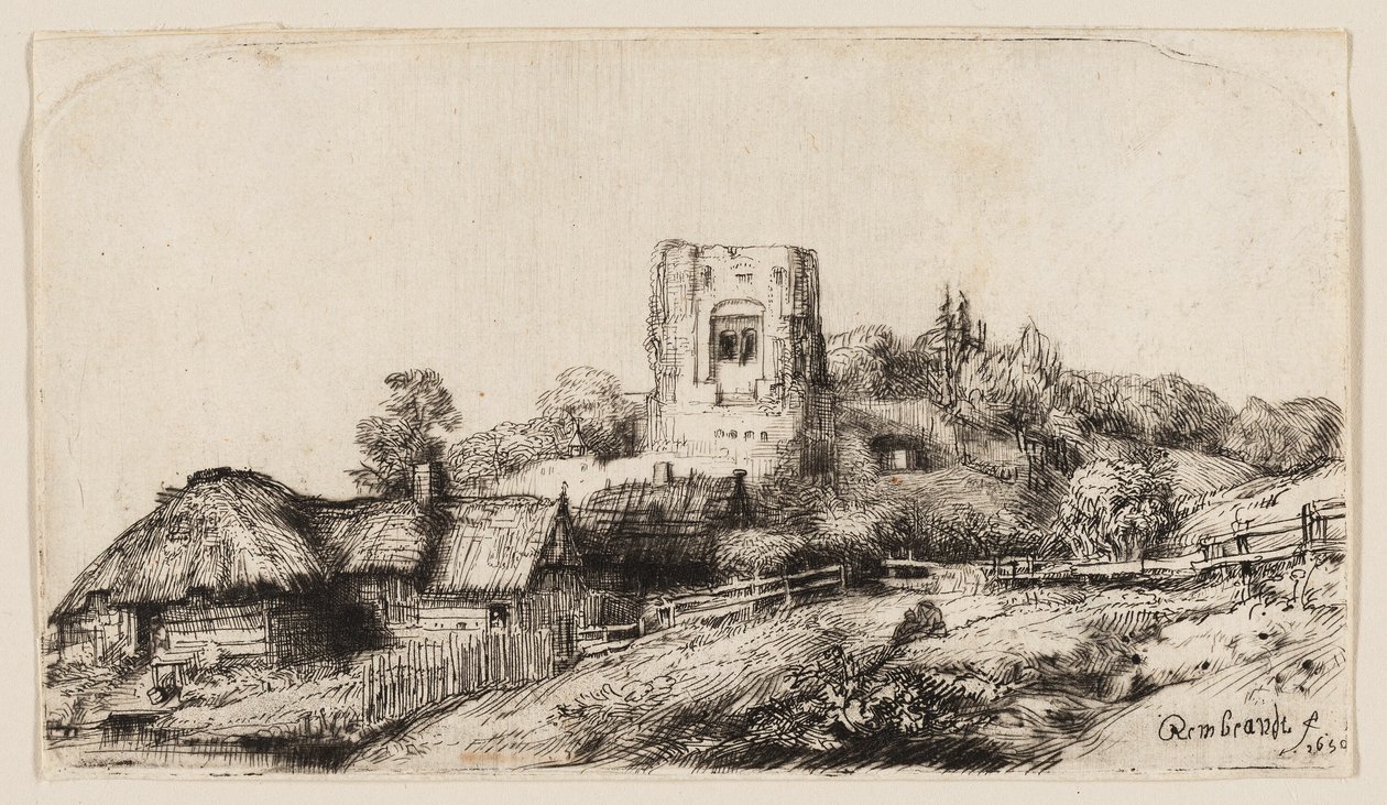 Kare Kule ile Manzara by Rembrandt van Rijn