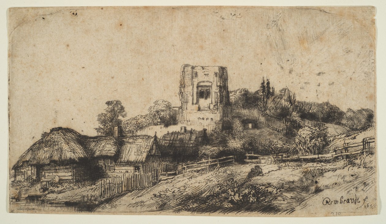 Kare Kuleli Manzara, 1650. by Rembrandt van Rijn
