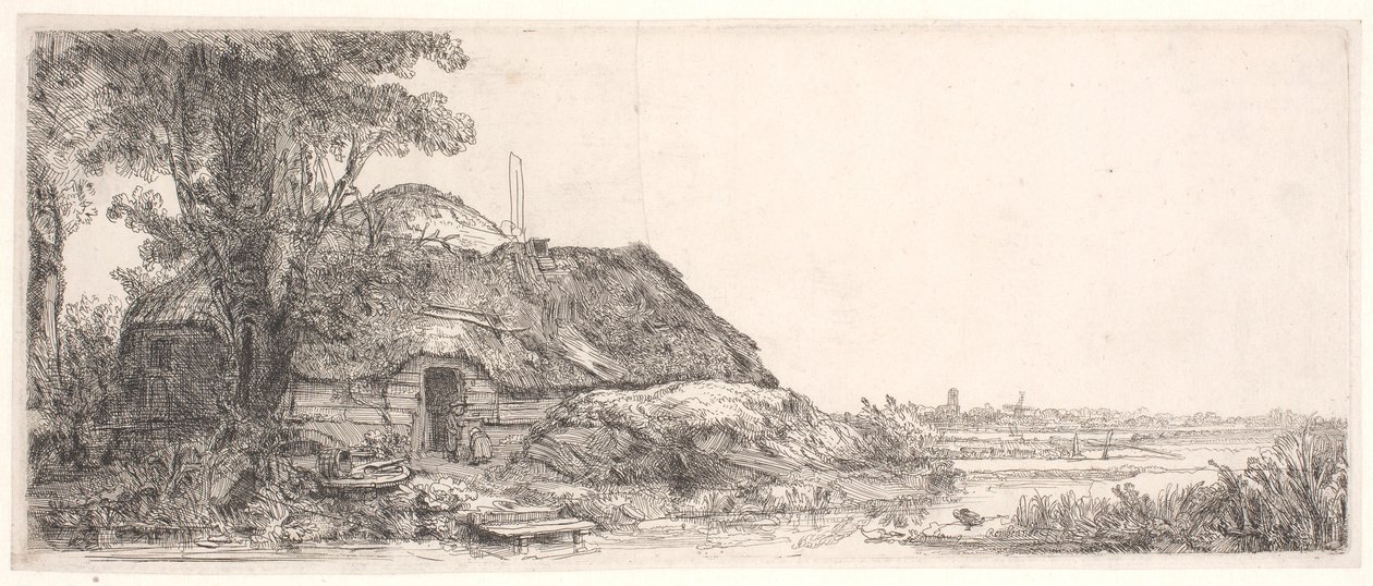Bir yazlık ve büyük bir ağaç ile manzara by Rembrandt van Rijn