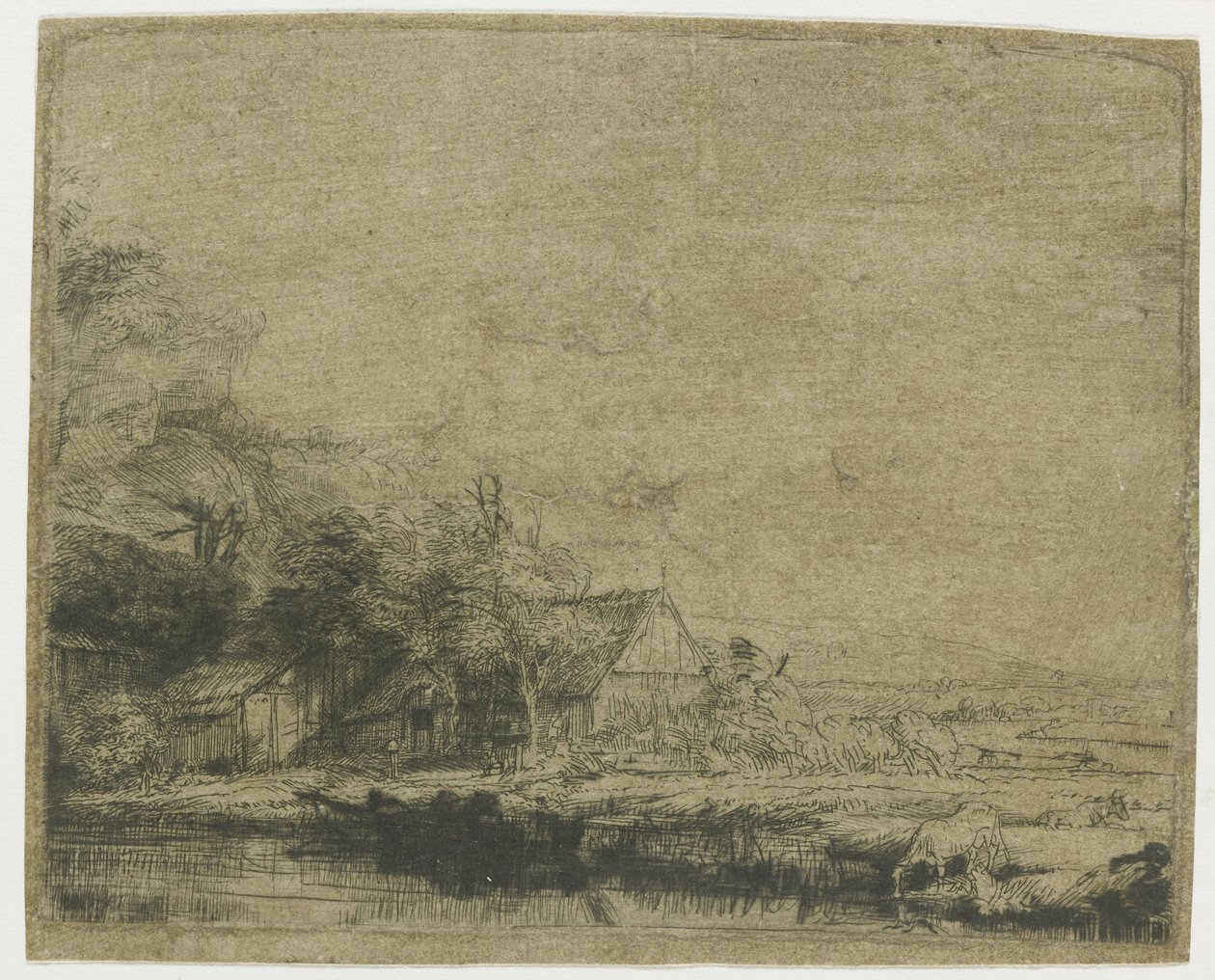 Bir inek içme ile manzara by Rembrandt van Rijn