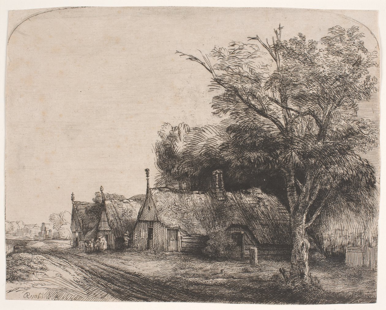Bir yolun yanında üç üçgen kulübe ile manzara by Rembrandt van Rijn