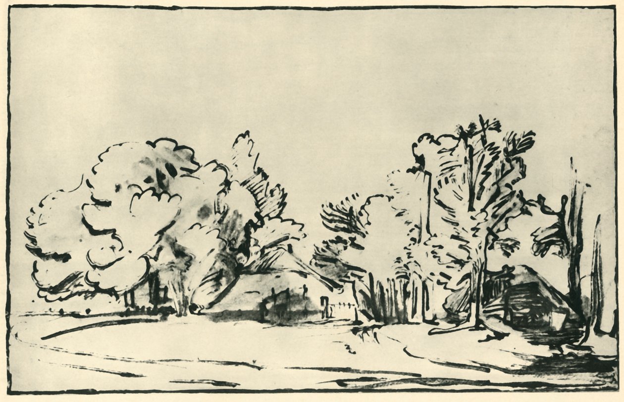 İki kulübeli manzara, c1650-1655, 1943. by Rembrandt van Rijn