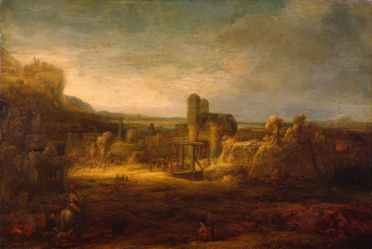 Bir asma köprü ile manzara by Rembrandt van Rijn