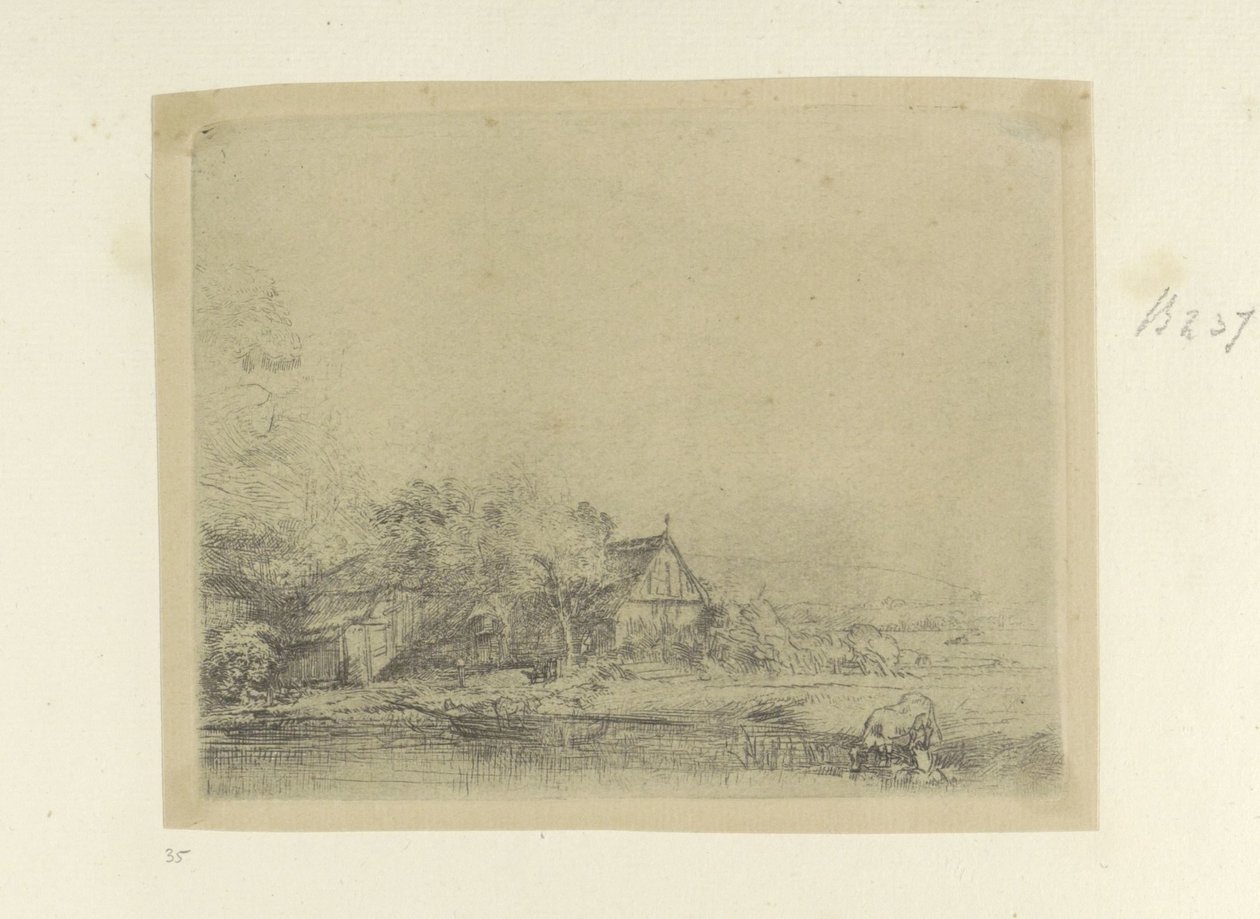 Landschap, Drinkende Koe ile tanıştı. Seksen beş orijinal baskının toplanması (seri başlığı) by Rembrandt van Rijn