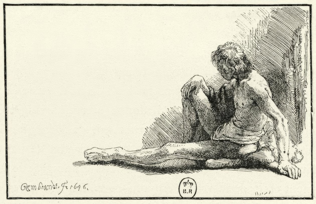 Yerde oturan erkek çıplak by Rembrandt van Rijn