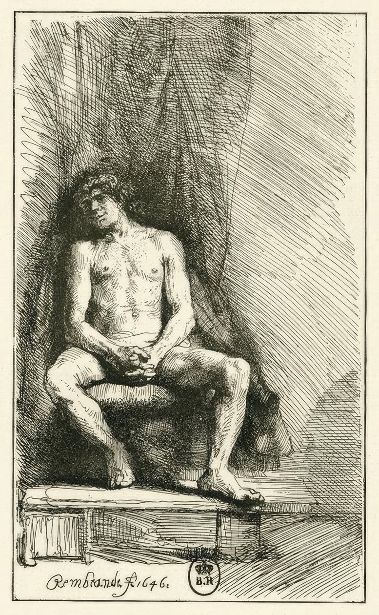 Erkek çıplak, oturma by Rembrandt van Rijn