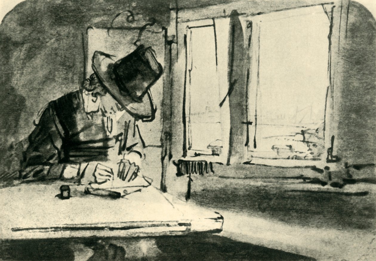 Pencerede çizim yapan adam, 17. yüzyılın ortalarında, 1943. by Rembrandt van Rijn