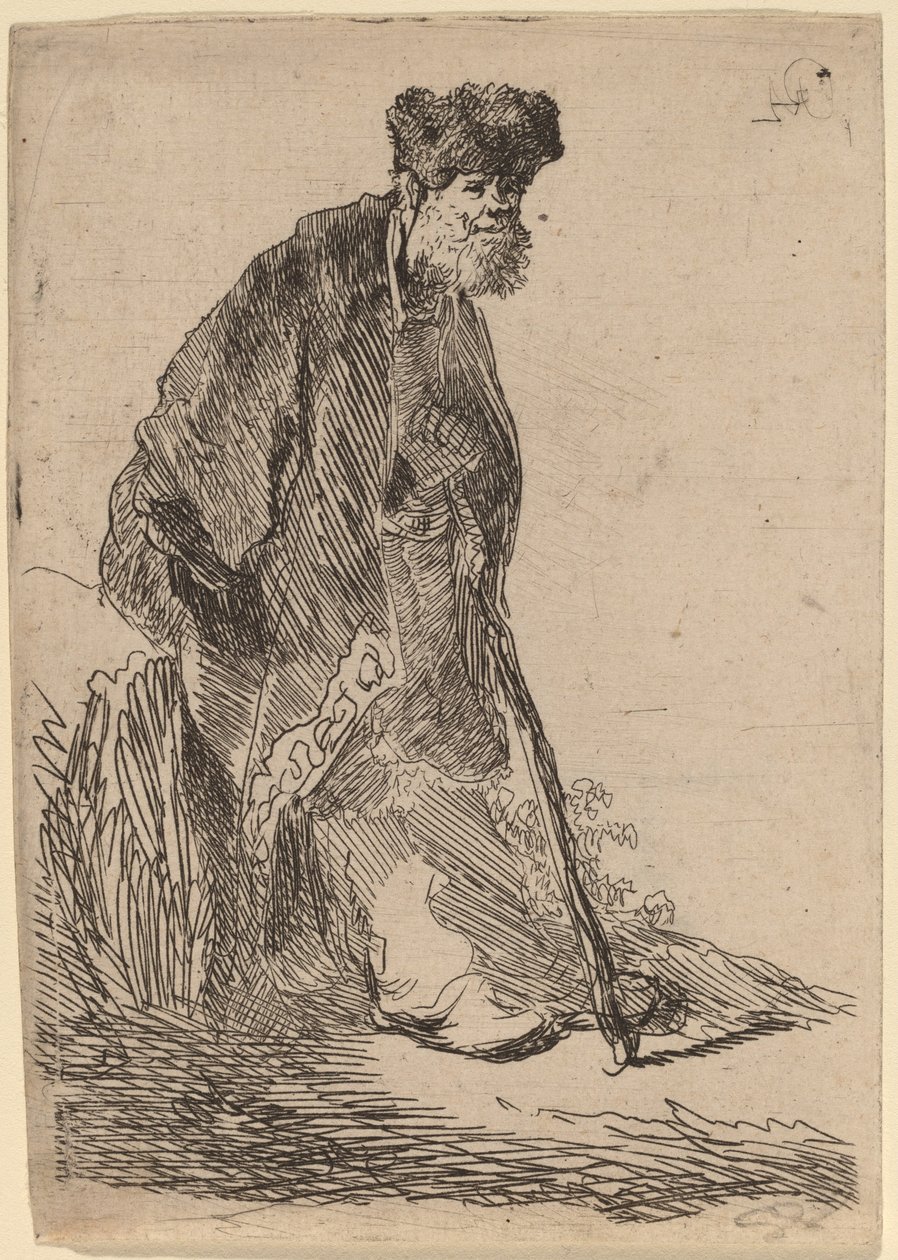 Paltolu ve Kürk Şapkalı Bir Bankaya Yaslanmış Adam by Rembrandt van Rijn
