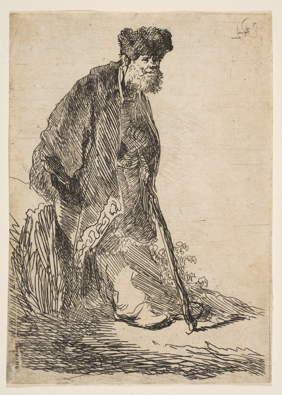 Paltolu ve Kürk Şapkalı Bir Bankaya Yaslanmış Adam, ca. 1630. by Rembrandt van Rijn