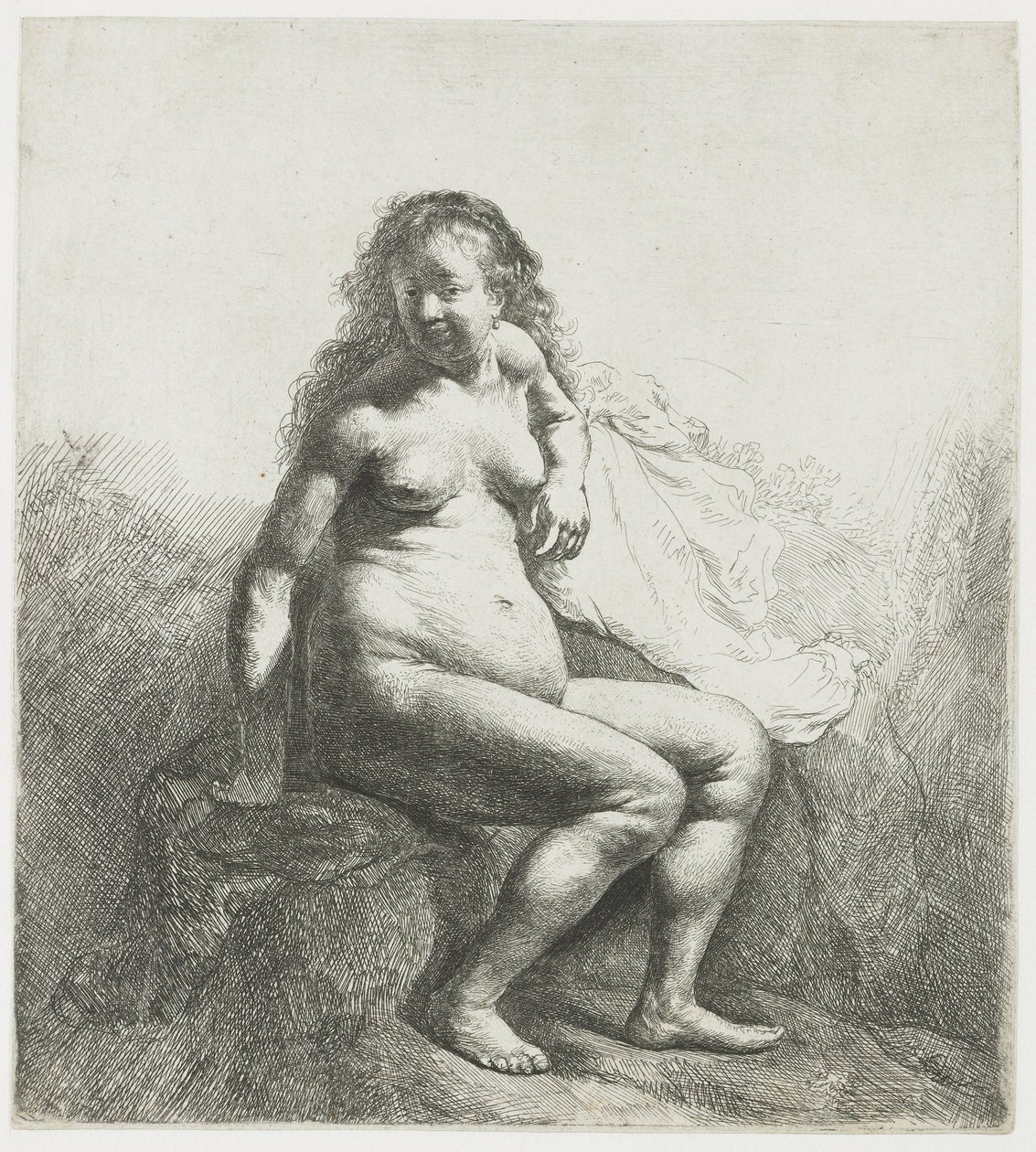 Bir höyük üzerinde çıplak kadın by Rembrandt van Rijn