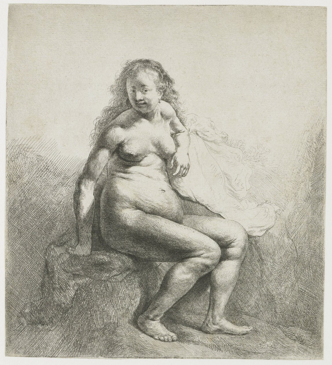 Bir höyük üzerinde çıplak kadın by Rembrandt van Rijn