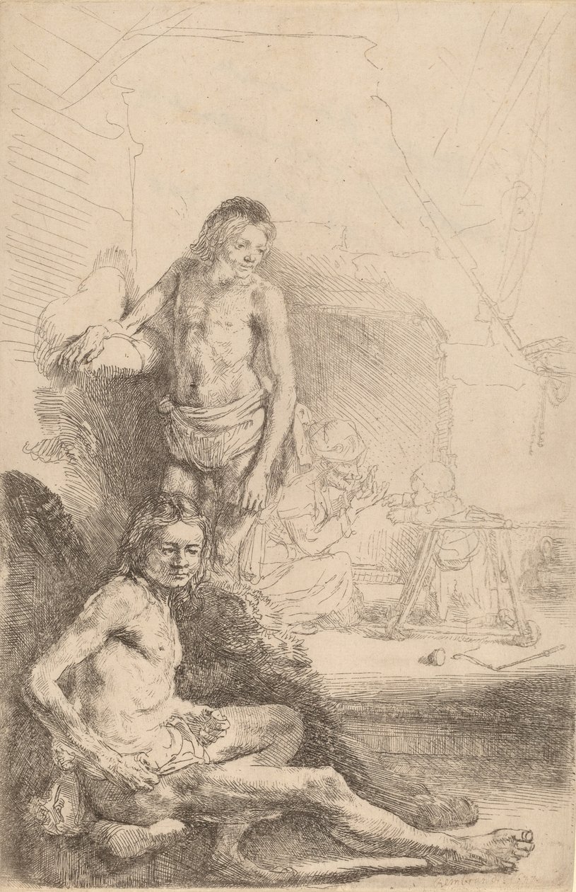 Çıplak Adam Oturmuş ve Çıplak Adam Ayakta, Arkada Bir Kadın ve Bebekle, c. 1646. by Rembrandt van Rijn
