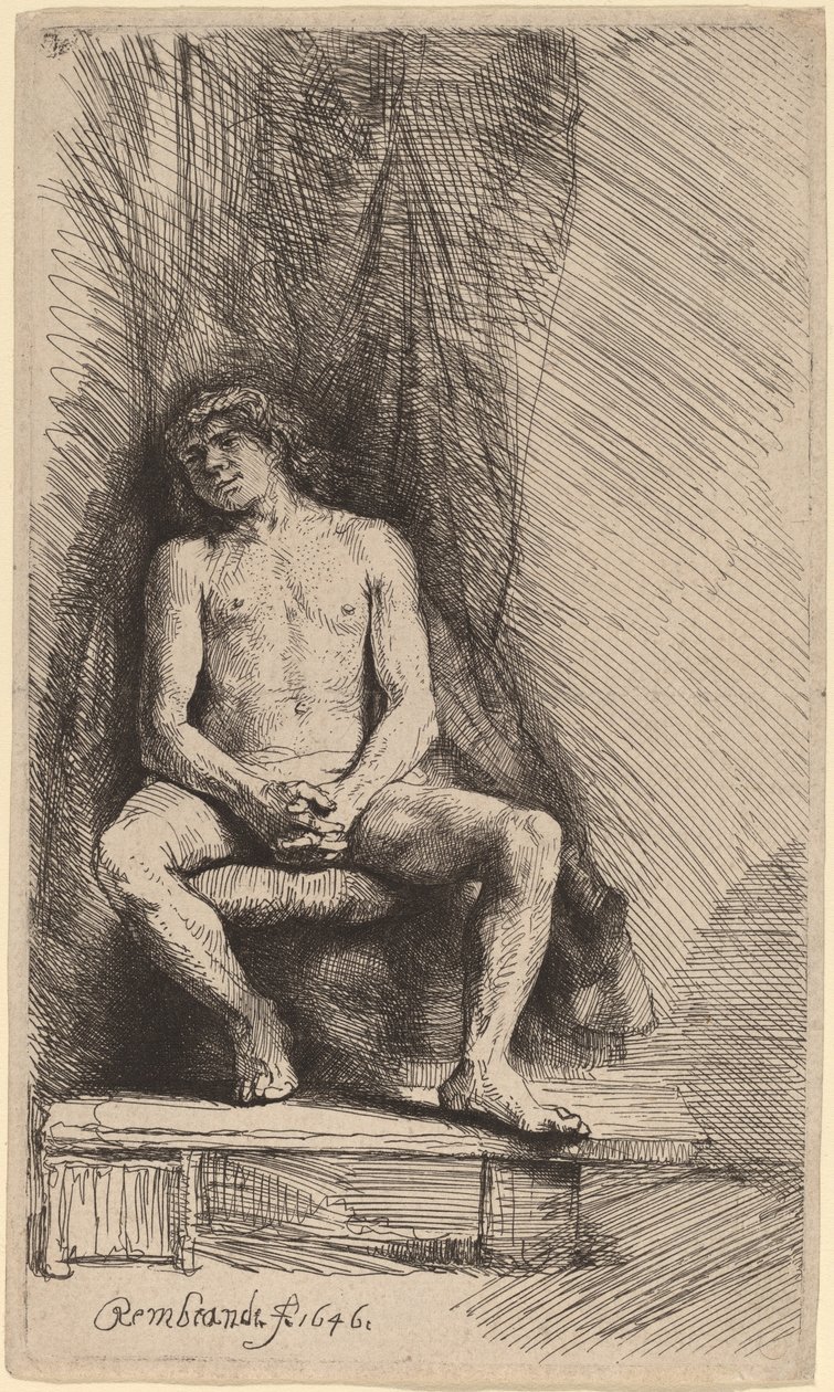 Perdenin Önünde Oturan Çıplak Adam by Rembrandt van Rijn