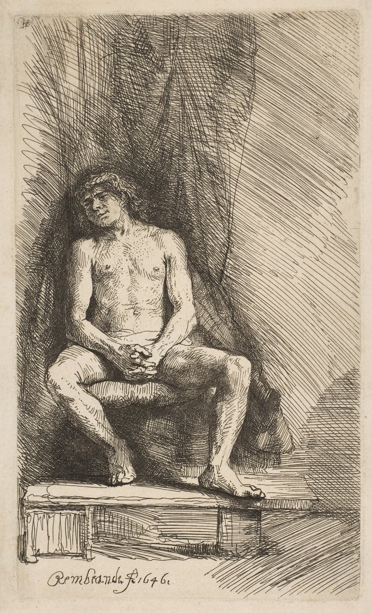 Perdenin Önünde Oturan Çıplak Adam, 1646. by Rembrandt van Rijn