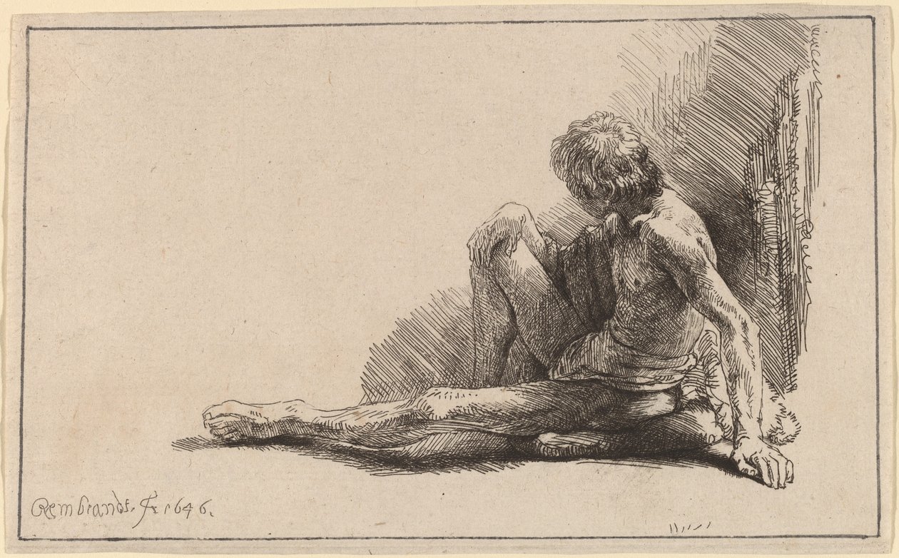 Çıplak Adam Yerde Oturmuş Tek Bacağını Uzatmış by Rembrandt van Rijn