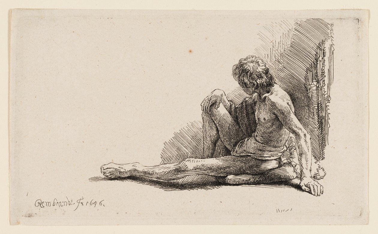 Çıplak Adam Yerde Oturmuş Tek Bacağını Uzatmış by Rembrandt van Rijn
