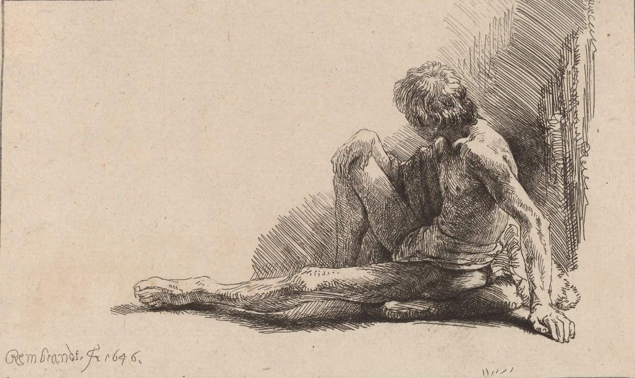 Çıplak Adam Yerde Oturmuş, Bir Bacağı Uzatılmış, 1646. by Rembrandt van Rijn
