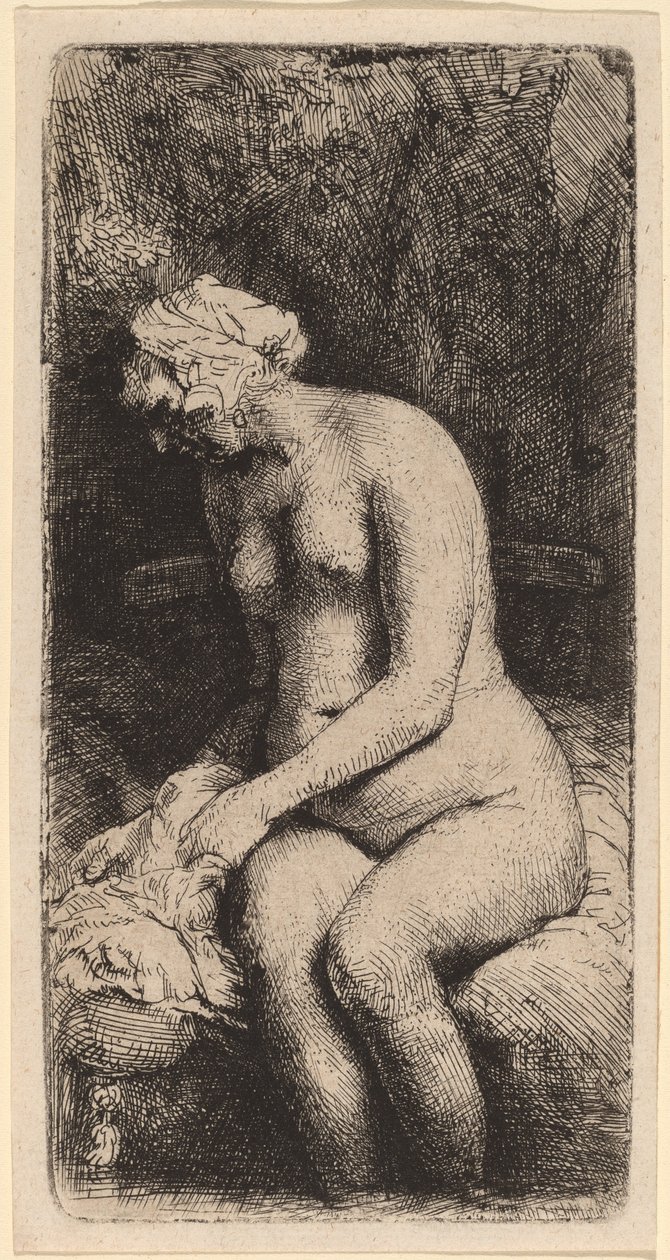Çıplak Bir Bankta Bir Yastıkla Oturmuş (Bir Derede Ayaklarını Yıkanan Kadın) by Rembrandt van Rijn