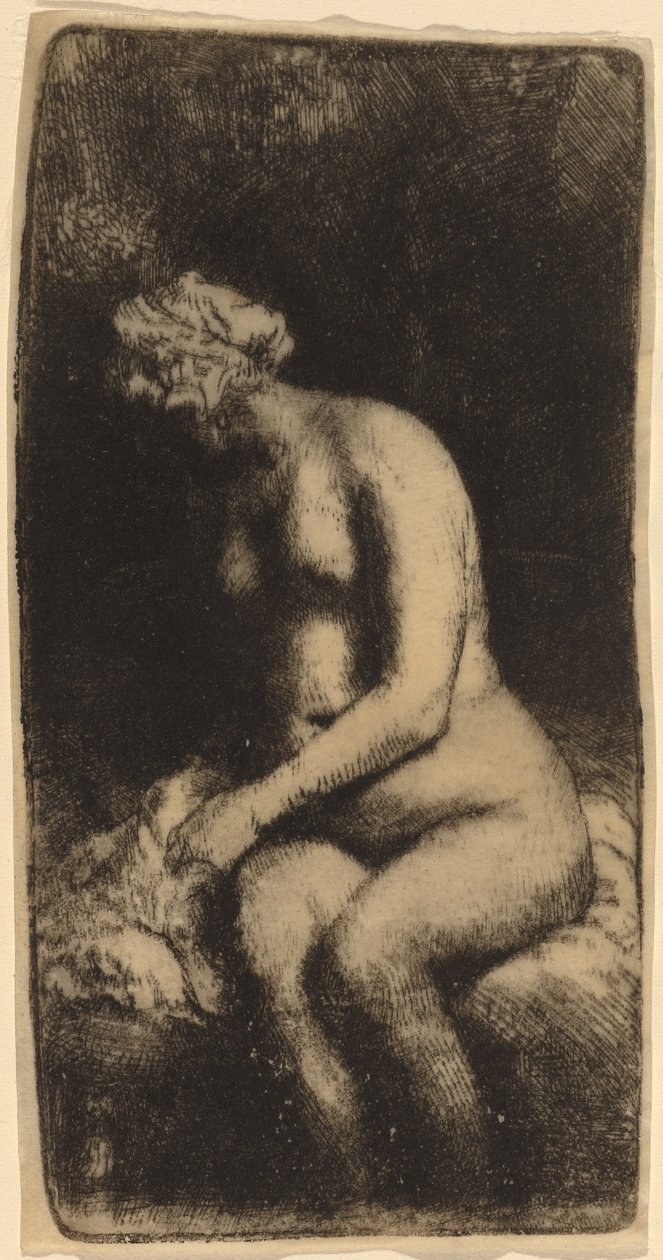Çıplak Bir Bankta Bir Yastıkla Oturmuş (Bir Derede Ayaklarını Yıkanan Kadın) by Rembrandt van Rijn