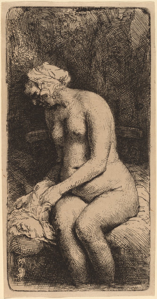 Çıplak Bir Bankta Bir Yastıkla Oturmuş (Bir Derede Ayaklarını Yıkanan Kadın) by Rembrandt van Rijn