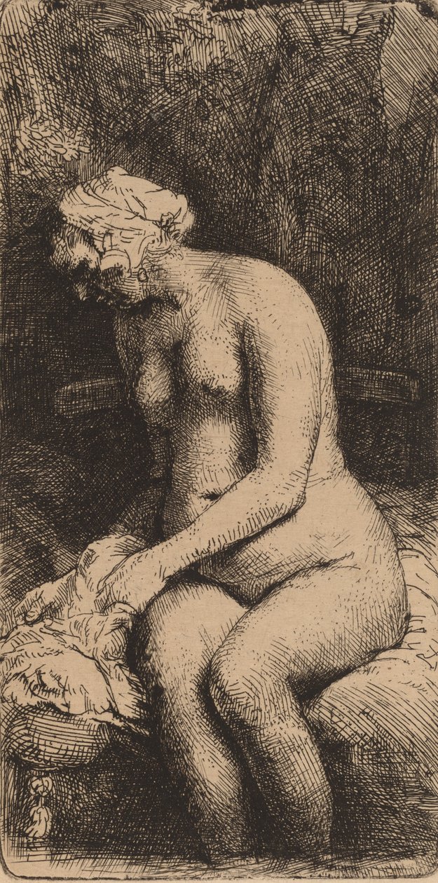 Bir Bankta Oturan Çıplak Bir Yastık Kadınla Ayaklarını Derede Yıkanıyor, 1658. by Rembrandt van Rijn