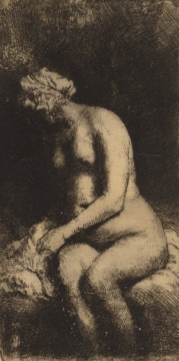 Bir Bankta Oturan Çıplak Bir Yastık Kadınla Ayaklarını Derede Yıkanıyor, 1658. by Rembrandt van Rijn