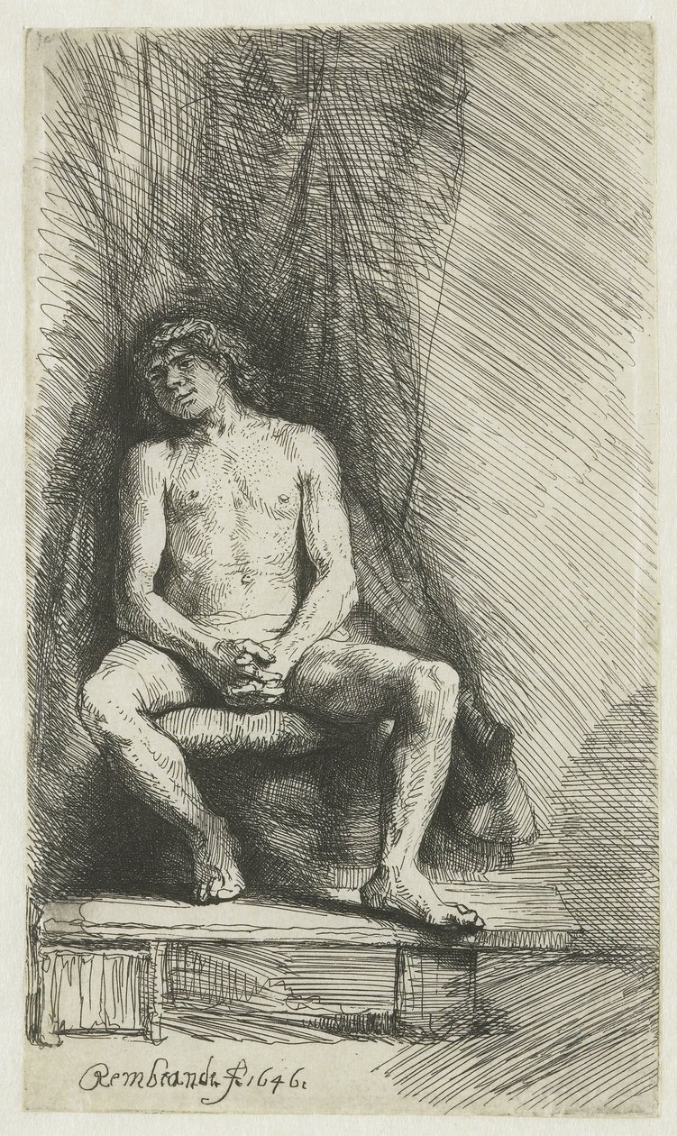 Bir Perdenin Önünde Oturan Çıplak Genç Adam Bir perdenin önünde oturan çıplak adam by Rembrandt van Rijn