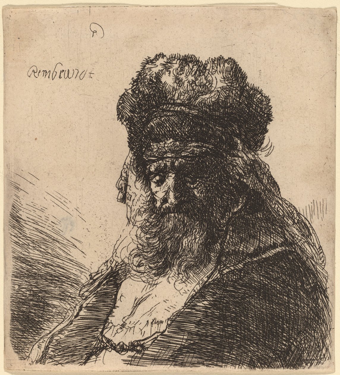 Yüksek Kürklü Şapkalı Yaşlı Sakallı Adam, Gözleri Kapalı by Rembrandt van Rijn