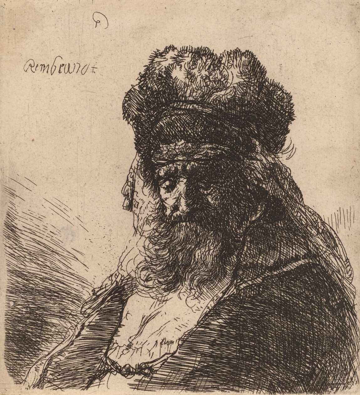 Yüksek Kürklü Şapkalı Yaşlı Sakallı Adam, Gözleri Kapalı, c. 1635. by Rembrandt van Rijn