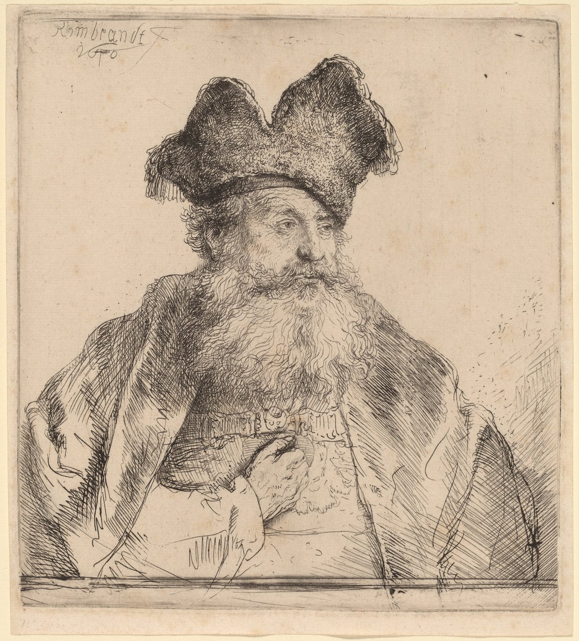 Bölünmüş Kürk Şapkalı Yaşlı Adam by Rembrandt van Rijn