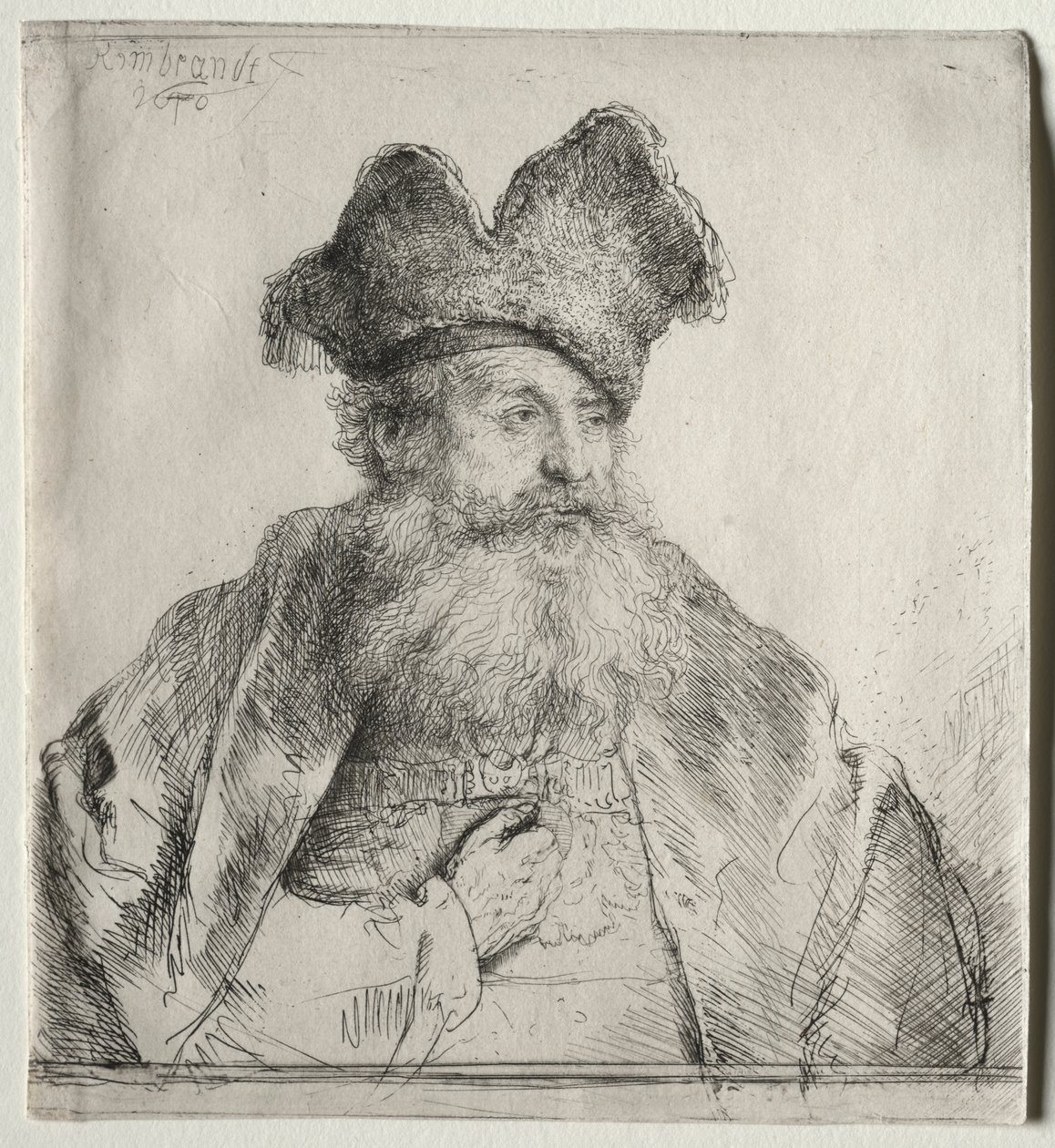 Bölünmüş Kürk Şapkalı Yaşlı Adam by Rembrandt van Rijn