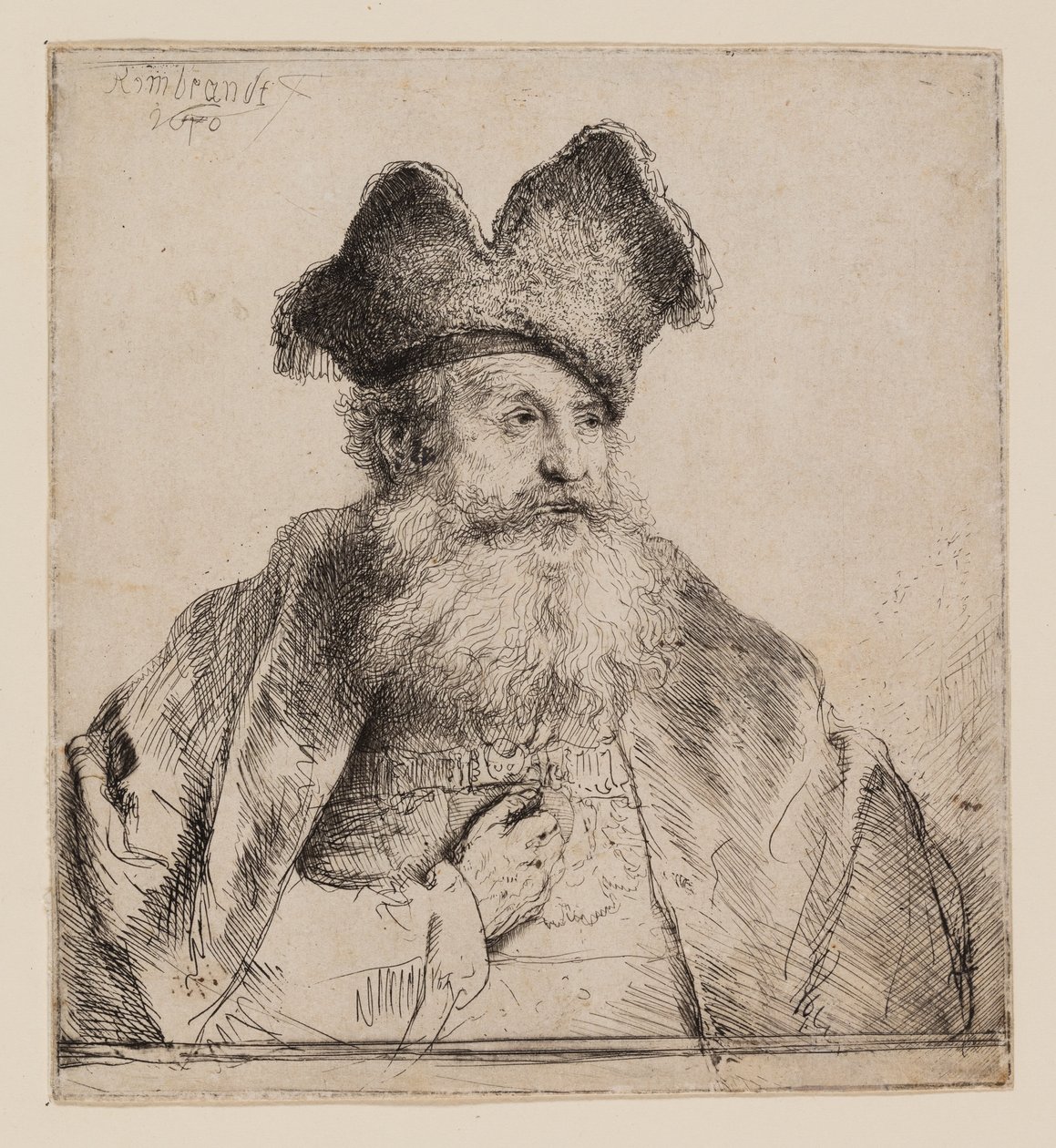 Bölünmüş Kürk Şapkalı Yaşlı Adam by Rembrandt van Rijn