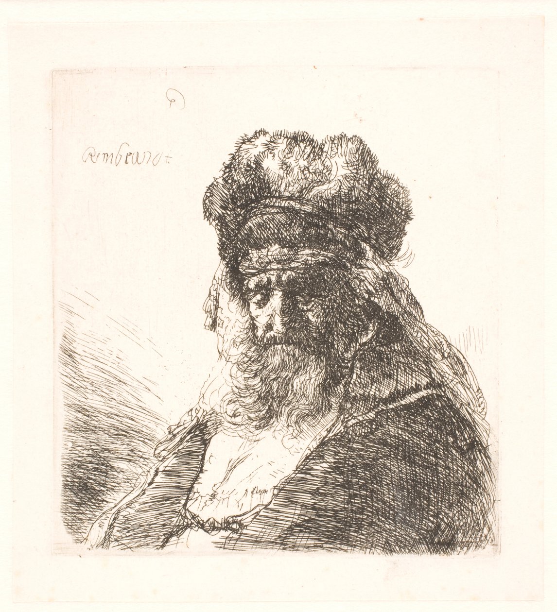 Gözleri kapalı, yüksek kürk şapkalı yaşlı sakallı adam by Rembrandt van Rijn