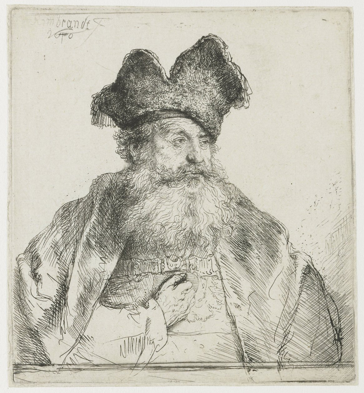 Bölünmüş kürk şapkalı yaşlı adam by Rembrandt van Rijn