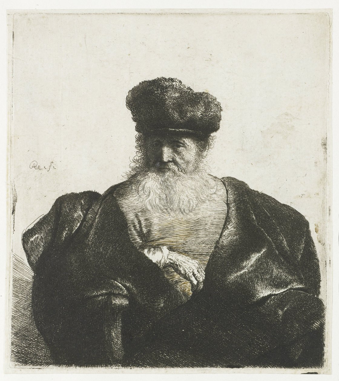 Sakallı, kürklü şapkalı ve kadife pelerinli yaşlı adam by Rembrandt van Rijn