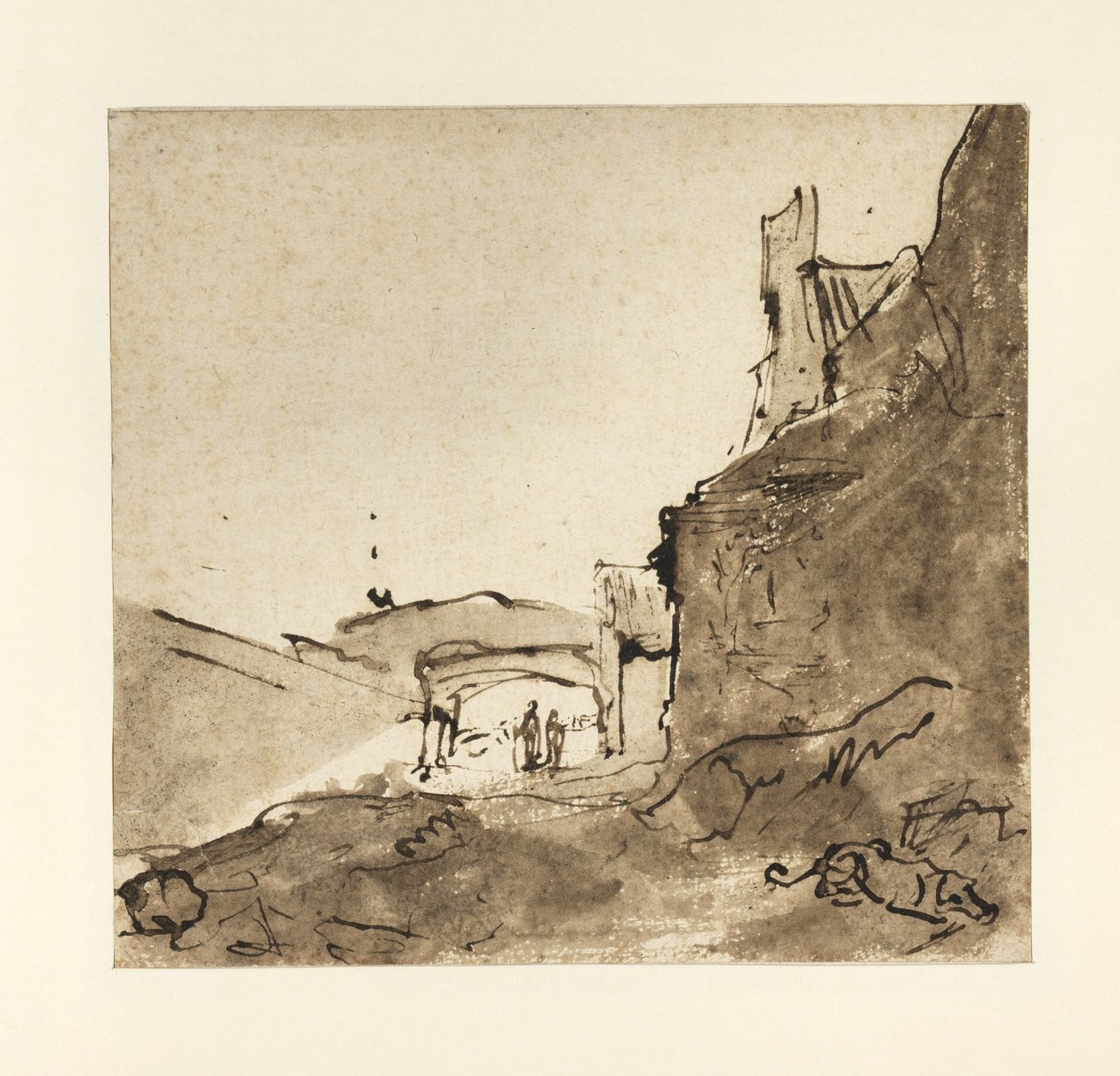 Duvarları ve kapısı olan bir kasabanın etekleri, c.1627-28 (Kağıt üzerinde yıkamalı Hint mürekkebi) by Rembrandt van Rijn