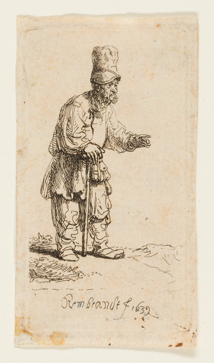 Yüksek Şapkalı Köylü, Bir Çubuğa Yaslanmış Ayakta by Rembrandt van Rijn