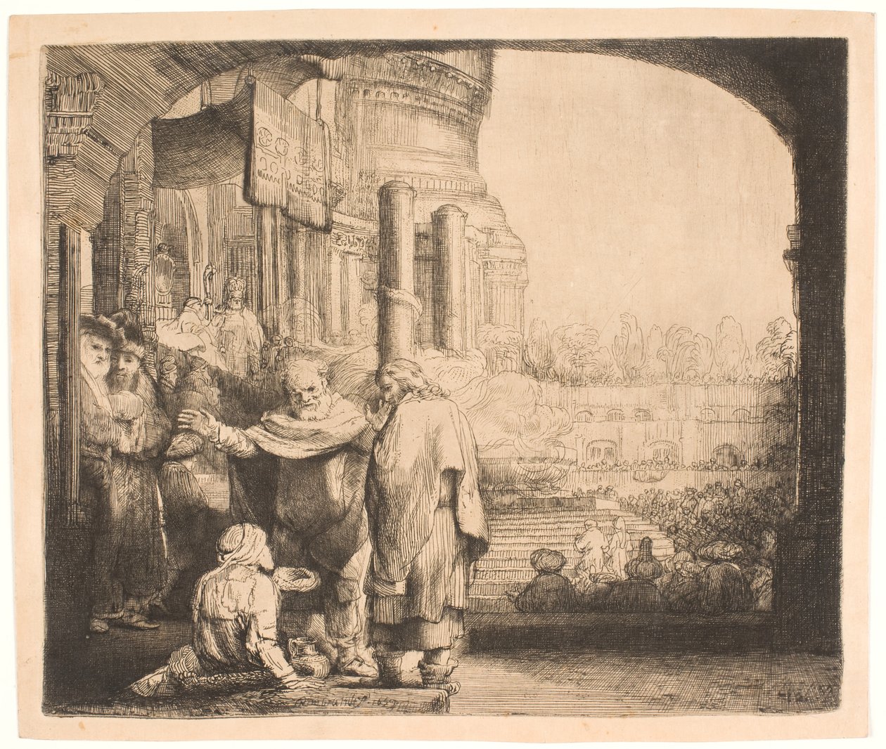 Petrus ve Yuhanna tapınağın kapısında sakatı iyileştiriyor by Rembrandt van Rijn