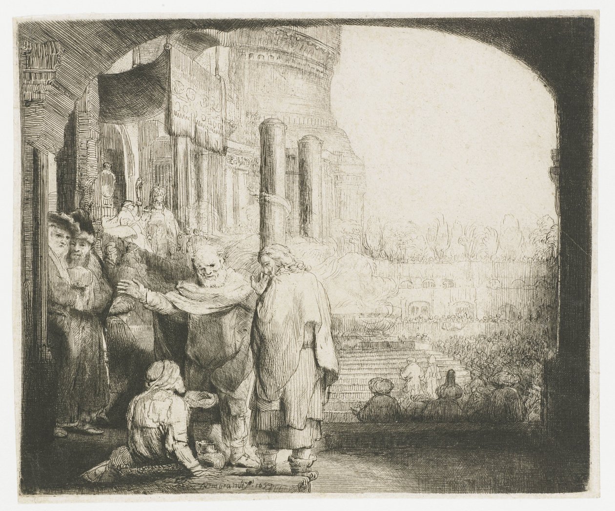 Petrus ve Yuhanna tapınağın kapısında sakatı iyileştiriyor by Rembrandt van Rijn